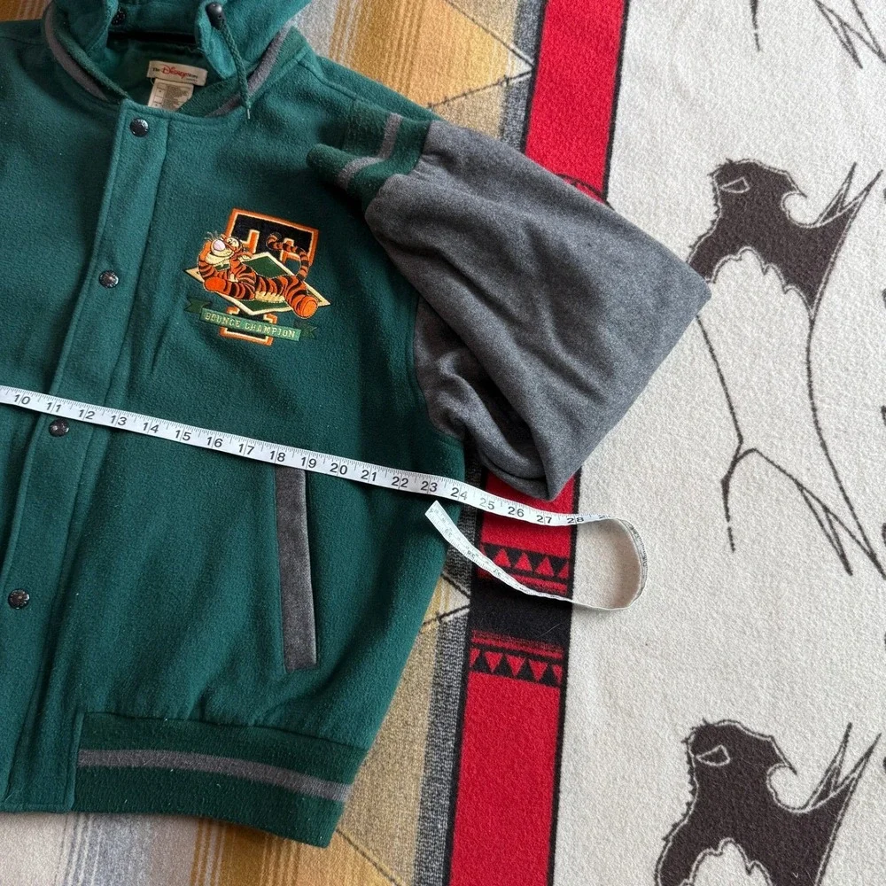 Vintage Disney Store Tigger Varsity Jacket Green Wool Blend Hooded Bomber Mens M - Picture 10 of 12